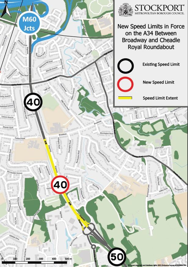 A map of the new speed limit on a section of the A34 in Stockport.