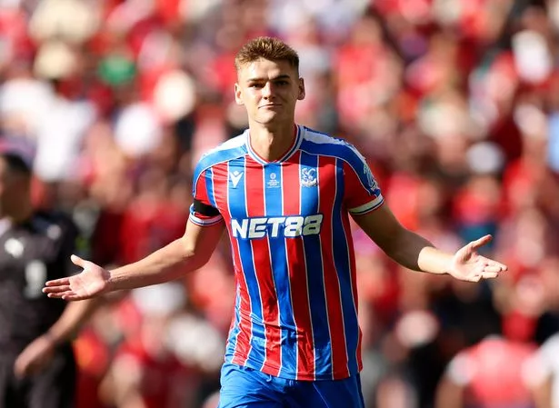 Justin Devenny of Crystal Palace celebrates after scoring winning penalty during the 2025 FA Community Shield