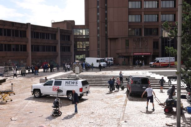 A film set for the DC movie Clayface on Derby Square, outside the Queen Elizabeth II Law Courts in Liverpool