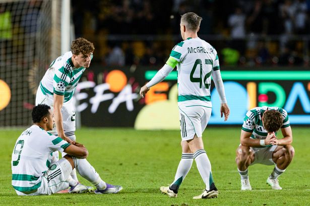 Celtic's Adam Idah, Arne Engels, Callum McGregor and Luke McCowan look dejected at full time 