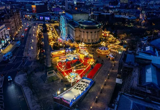 An aerial view of the Christmas market outside St Georges Hall in Liverpool