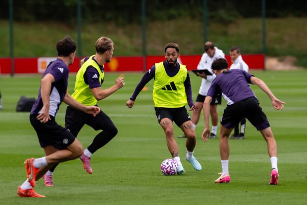 Matheus Cunha of Manchester United in action during a first team training session at Carrington Training Ground on August 21, 2025