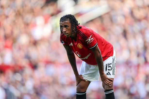 Manchester United's Leny Yoro looks on