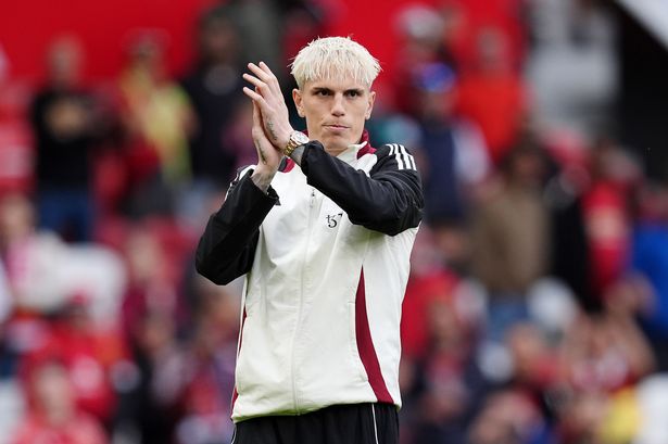Manchester United's Alejandro Garnacho applauds the fans after the Premier League match at Old Trafford.