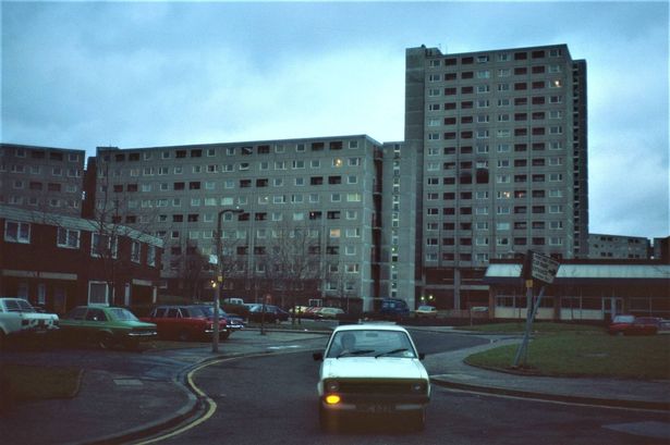 Multi storey blocks in the Moss Side District Centre, Circa 1985
