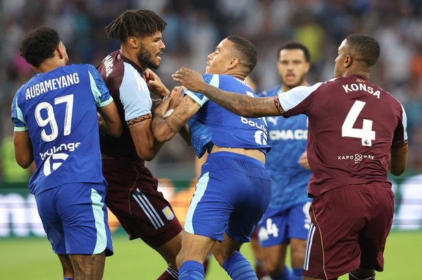Mason Greenwood, Tyrone Mings, Pierre-Emerick Aubameyang and Ezri Konsa during the Pre-Season Friendly match between Olympique de Marseille and Aston Villa. 