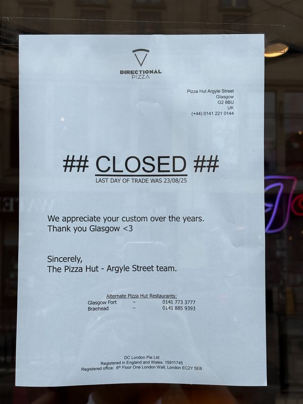 An image of the notice sign for Glasgow's Pizza Hut on Argyle Street 
