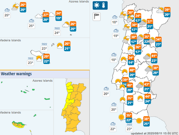 Highs of 44C are forecast in parts of Portugal on Tuesday, August 12