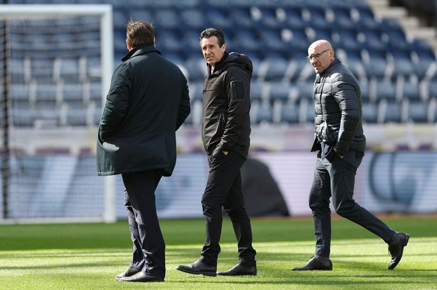Aston Villa's Damian Vidagany, Unai Emery and Monchi