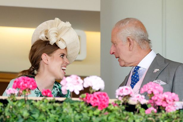 ASCOT, UNITED KINGDOM - JUNE 21: (EMBARGOED FOR PUBLICATION IN UK NEWSPAPERS UNTIL 24 HOURS AFTER CREATE DATE AND TIME) Princess Beatrice and King Charles III watch, from the Royal Box, The King's horse 'Hard to Resist' run in the Sandringham Stakes on day four of Royal Ascot 2024 at Ascot Racecourse on June 21, 2024 in Ascot, England. (Photo by Max Mumby/Indigo/Getty Images)