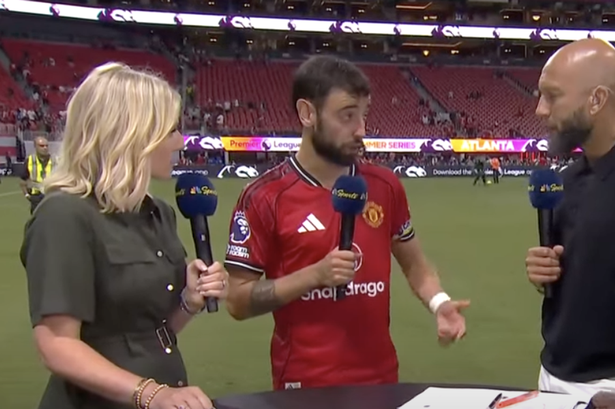 Bruno Fernandes is interviewed by NBC Sports after the draw with Everton.