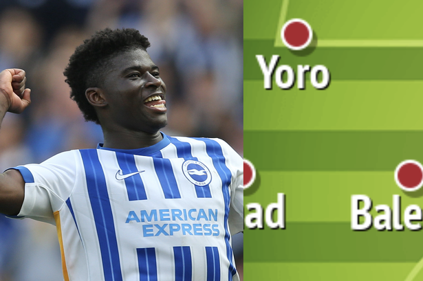 A two-image collage showing a picture of Brighton & Hove Albion midfielder Carlos Baleba celebrating a victory on the left and a cropped section of a Manchester United starting XI graphic on the right.