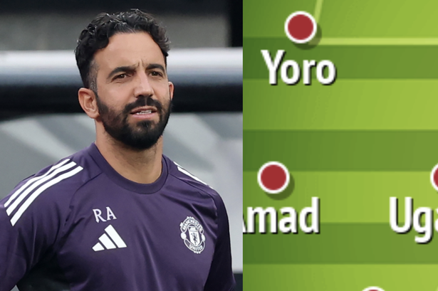 A two-image collage showing a picture of Ruben Amorim on the left and the cropped section of a Manchester United starting XI graphic on the right.