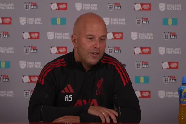 Arne Slot speaks at this morning's press conference to preview Liverpool's Community Shield clash with Crystal Palace