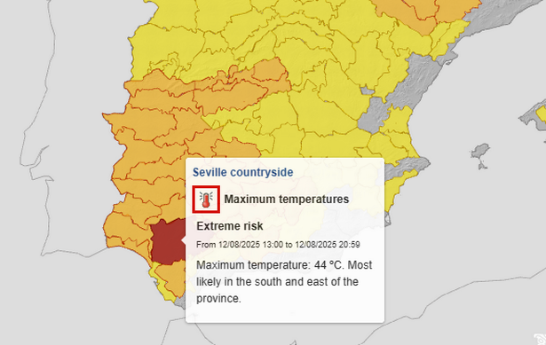 Highs of 44C are forecast in Seville on Tuesday, August 12