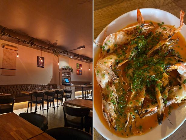 A split picture collage showing, on the left, the interior of the Mesen restaurant in Cardiff and, on the right, one of the dishes