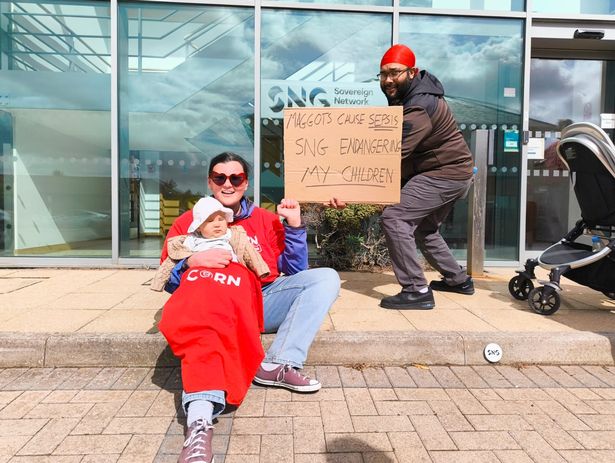 Jess and Wesley Rumble-Bear lobbying the Filton head offices of Sovereign SNG housing association in Filton, asking for help with a maggot infection at their flat in Emersons Green, Bristol
