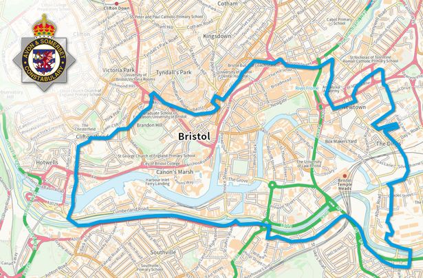 A map showing the extent of Avon and Somerset Police's Section 60 Dispersal Zone, in place for 24 hours from 7am on Saturday, August 9 and 7am on Sunday August 10