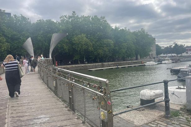 A general view of Pero's Bridge in Bristol city centre, at lunchtime on August 18, the day council workers began the process of cutting off and removing hundreds of 'lovelocks', padlocks which are causing a weight problem on the bridge