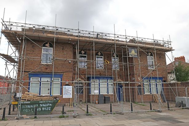 Scaffolding outside The Clubmoor Hotel on August 1 2025
