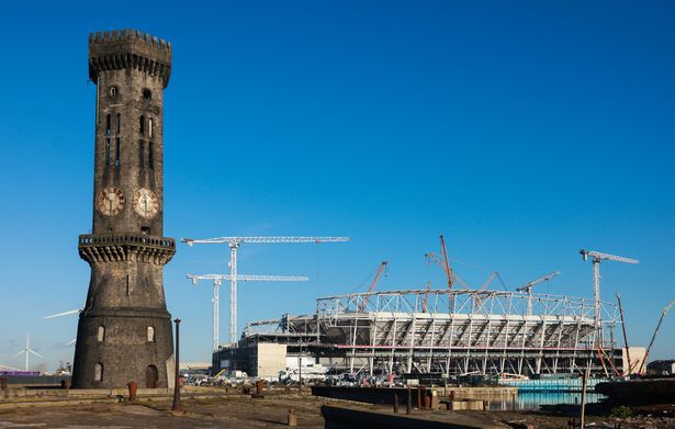 The new Everton stadium under construction at Bramley-Moore Dock in 2023