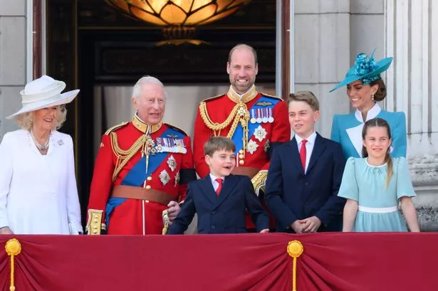 LONDON, ENGLAND - JUNE 14: Queen Camilla, King Charles III, Prince Louis of Wales, Prince William, Prince of Wales, Prince George of Wales, Catherine, Princess of Wales and Princess Charlotte of Wales on the balcony of Buckingham Palace during Trooping The Colour 2025 on June 14, 2025 in London, England. Trooping The Colour is a ceremonial parade celebrating the official birthday of the British Monarch. The event features over 1,400 soldiers and officers, accompanied by 200 horses. More than 400 musicians from ten different bands and Corps of Drums march and while performing. (Photo by Karwai Tang/WireImage)