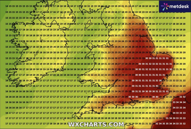 The temperature could reach 32C in England