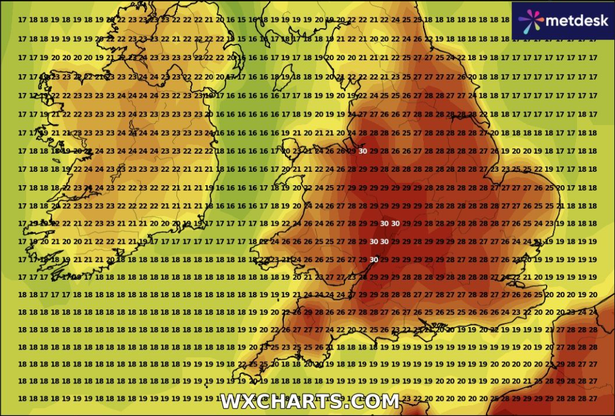 The temperature could reach 30C in England