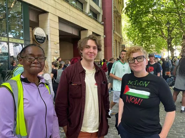 Green Party councillors at the counter-protest supporting refugees and asylum seekers outside the hotel in Bristol city centre. Left to right - Lorraine Francis (Green, Eastville), Thomas Daw (Green, Wrington (N Somerset)), Ani Townsend (Central)