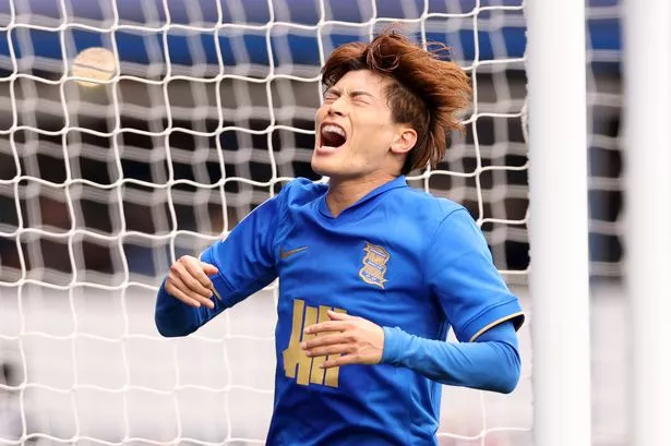 Kyogo Furuhashi reacts after missing an opportunity for Birmingham City against Oxford United.