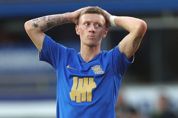 Jay Stansfield looks dejected after a missed chance against Ipswich Town at St Andrew's.