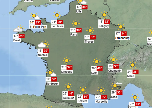 Soouthwest France is facing a 40C heatwave, with widespread highs of 37-40C forecast on Tuesday