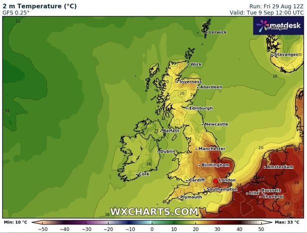 A map shows the heat in the east of England on September 9