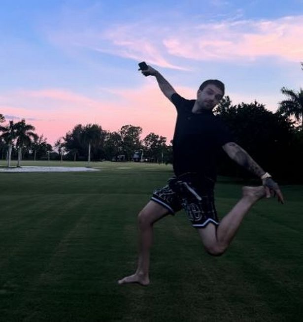 Liam Payne jumping on the grass