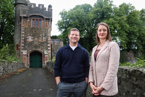 Presenter Dermot O'Leary with Alice Mansergh, Chief Executive of Tourism Ireland, during filming for a second series of 'Dermot’s Taste of Ireland' at Glenarm Castle