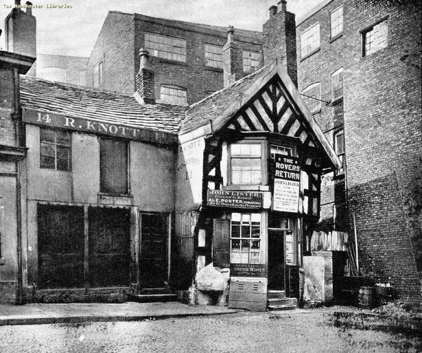 The Rovers Return - later Ye Olde Rovers Return - at Shudehill. Pictured here in 1877.  Built in 1306 it was thought to have been Manchester's oldest pub. It was demolished in 1958