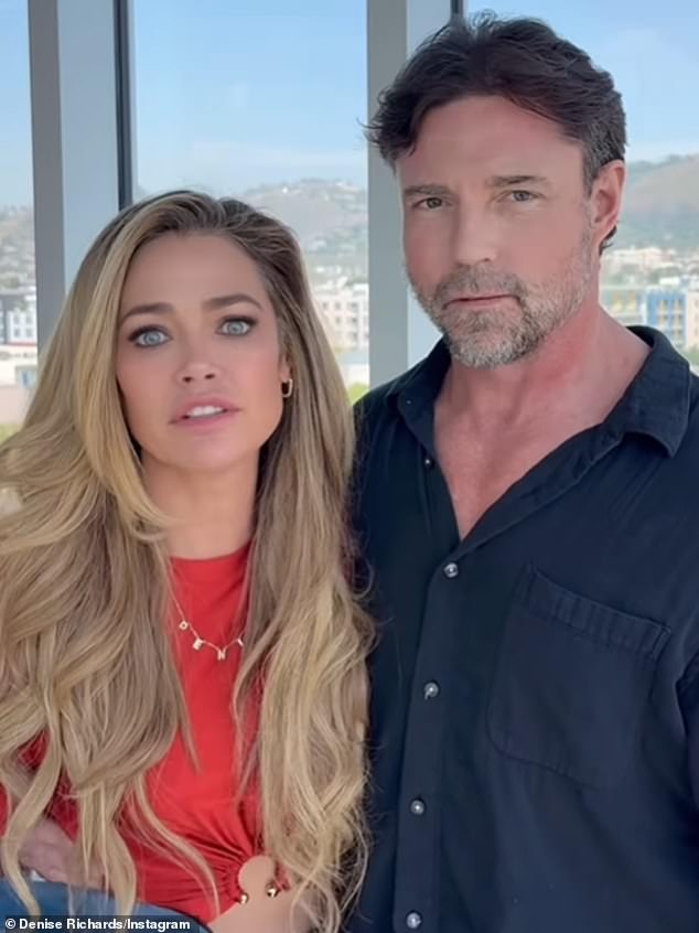 Denise Richards filed to vacate her estranged second husband Aaron Phypers and his family from their leased Calabasas home after she nearly violated her own 100-yard, temporary domestic violence restraining order with an unannounced visit to the property on August 3 (pictured April 8)