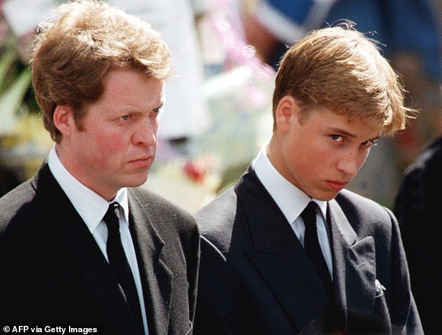 Earl Spencer and William are pictured at the funeral ceremony of Princess Diana