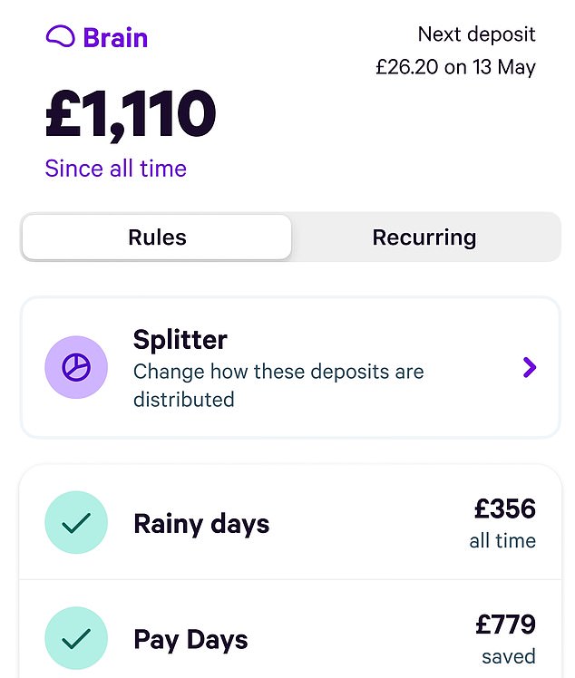 A screenshot of Plum's Brain with two Auto Savers enabled. Rainy Days transfers money every day it rains in your area, while Pay Days does so when you get paid