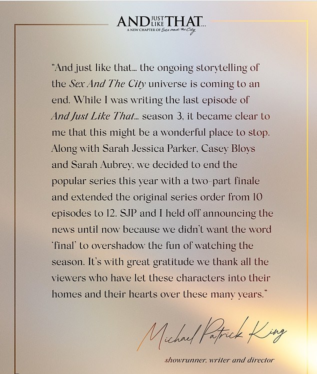The show will wrap up with a two part finale, showrunner Michael Patrick King confirmed