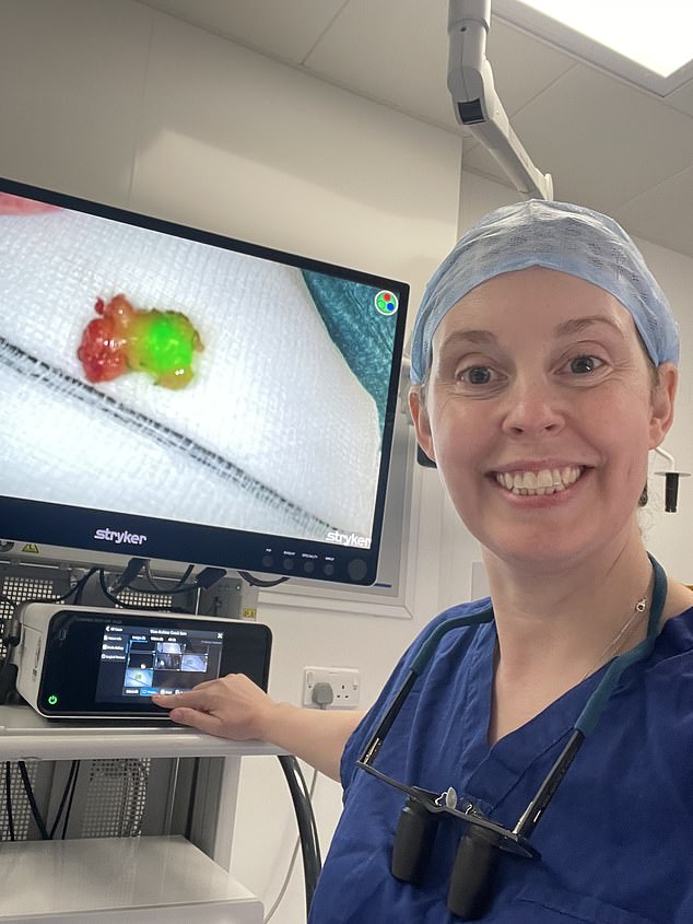Surgeon Aenone Harper-Machin examines Sam's lymph node using her new technique