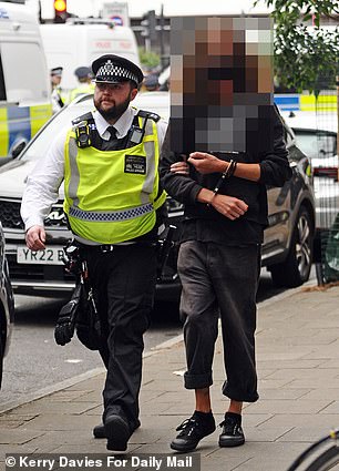 Another image shows police detaining a protester outside of the hotel today
