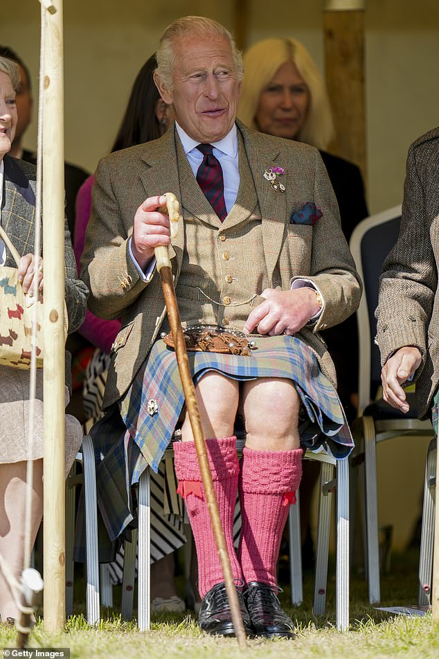 His Majesty looked dapper in his red, blue and green tartan kilt, which was complemented by a beige waistcoat and jacket, leather sporran and red hose