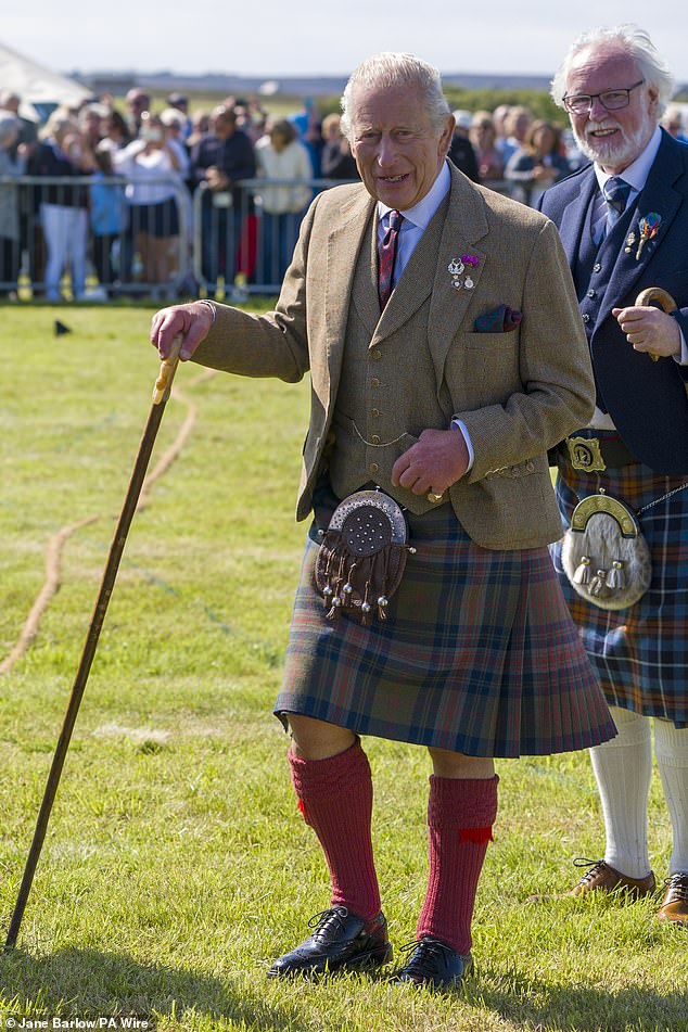 The distinctive pattern on the King's kilt is known as the Balmoral Tartan, which was originally created in the 1850s by Prince Albert for Queen Victoria