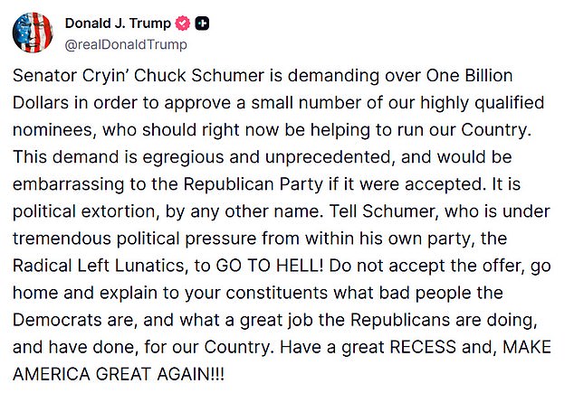 The president's Truth Social tirade came just hours before lawmakers were expected to strike a deal and depart for their monthlong recess