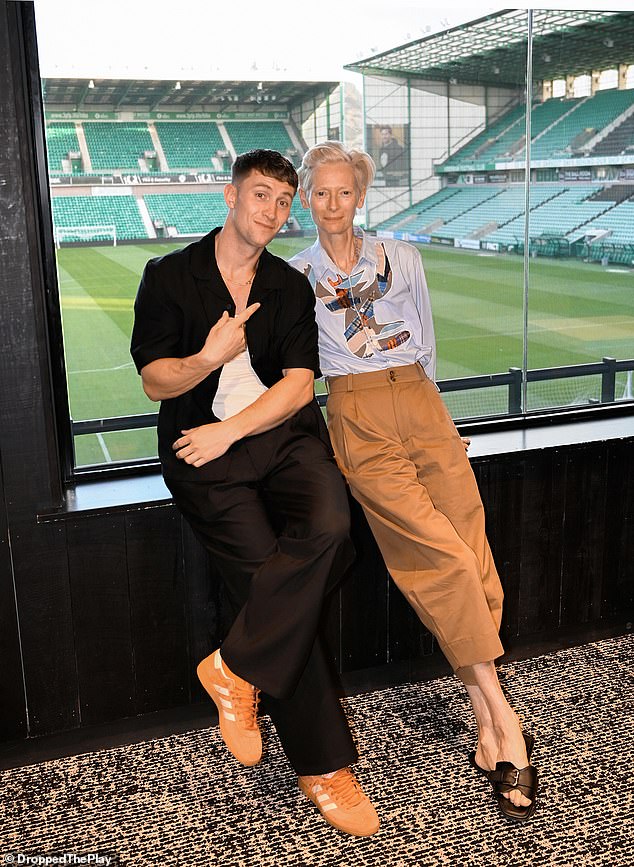 Known for their roles in The Chronicles of Narnia, Tilda appeared fully engaged during the emotional 60-minute performance, which left some fans in tears (pictured with former Chelsea academy player Alfie Cain who wrote and performed the play)