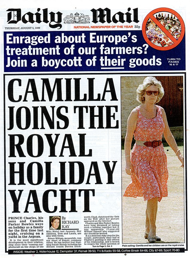 Daily Mail coverage on August 5 1999 revealing that Camilla is set to join Charles on a yacht excursion to Greece