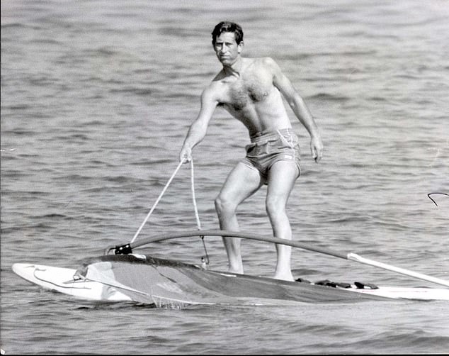 Charles enjoying some windsurfing while on holiday in Majorca on King of Spain's yacht in 1986