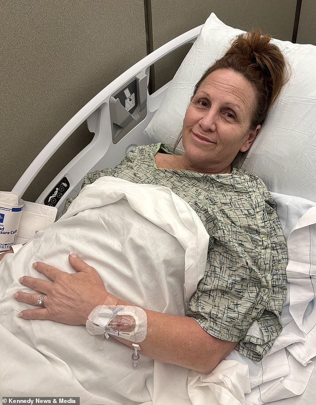 After her 'trusted' doctor suggested she was eligible for the weight loss injection, she began on a low dose of the drug and soon noticed her weight drop. Pictured, in hospital after surgery