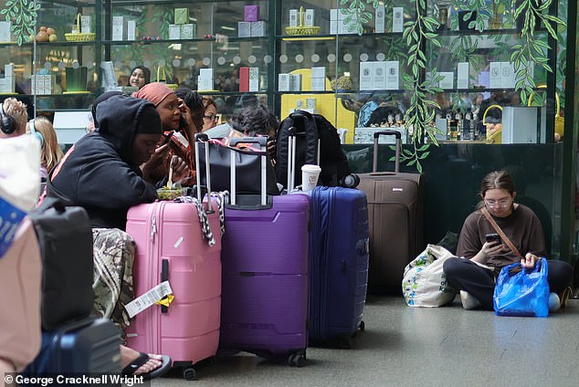 Delayed travellers wait for trains at London St Pancras station today as disruption continues